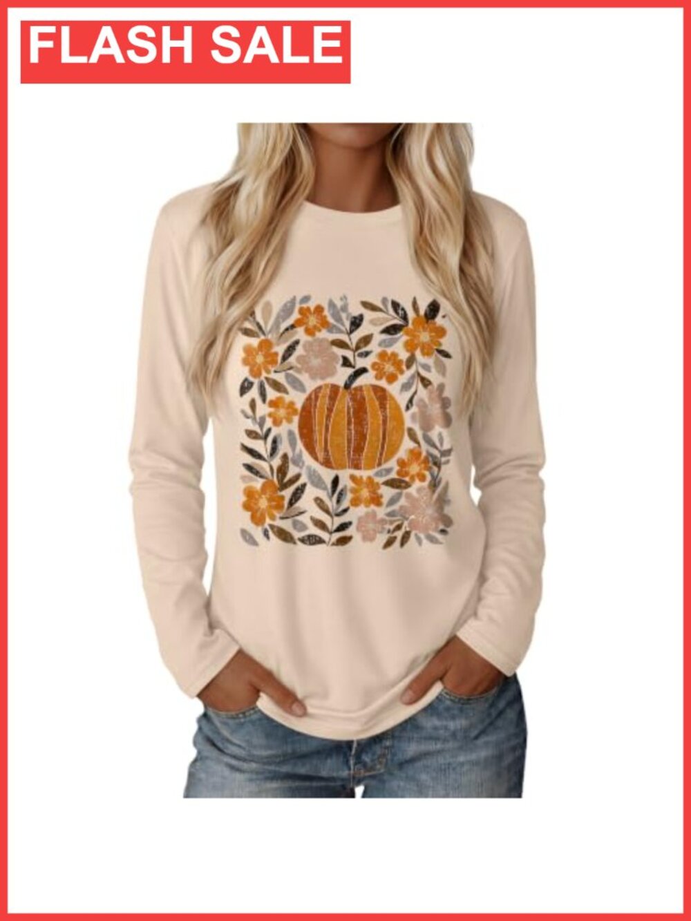 Women's Long Sleeve Pumpkin Plaid Fall Tee Crew Neck Pullover